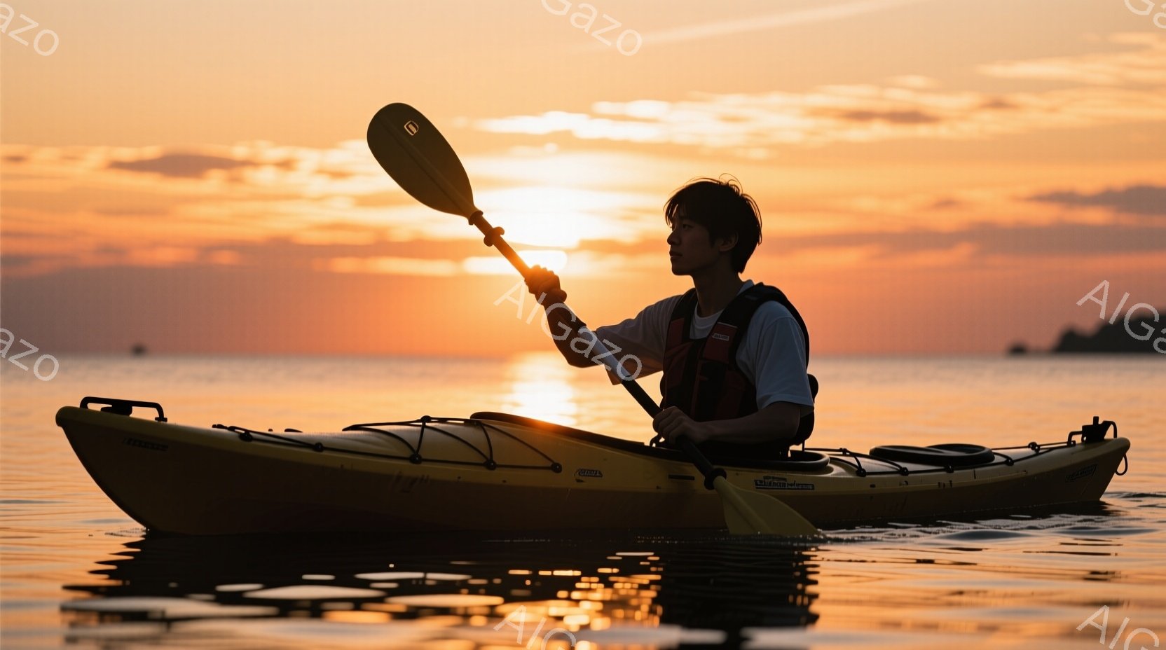 オレンジ色の夕焼けを背景に、カヤックに乗った男性が海の上を漕いでいる。彼は黒い髪で、赤いライフジャケットとTシャツを着ており、少し前かがみの姿勢で漕ぎを進めている。海面は夕焼けの色を反射し、穏やかで静寂な雰囲気を醸し出している。