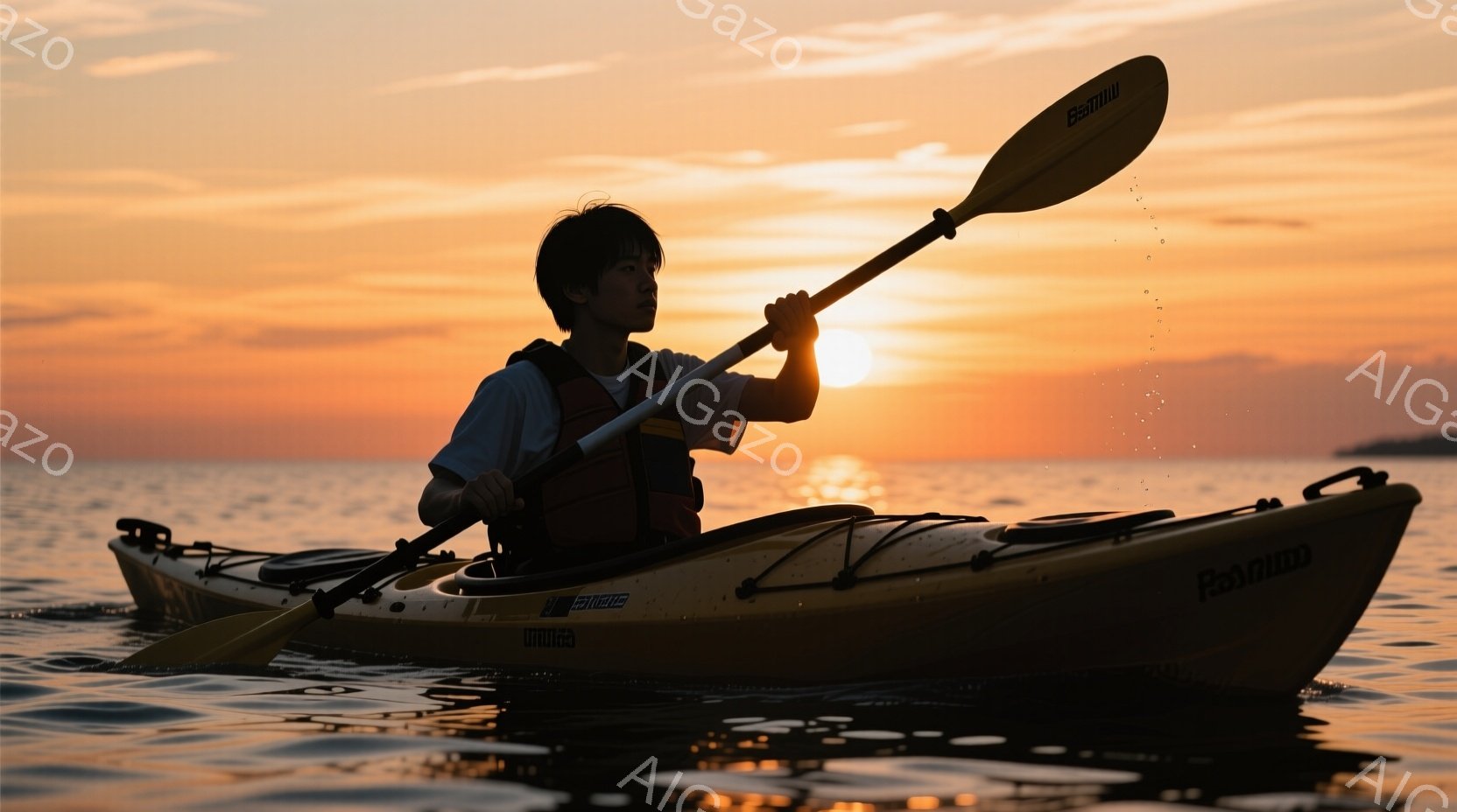 カヌー競技中の男性の画像です。彼は青いシャツと黒いショーツを着ており、激しい表情で漕いでいます。背景には水面と赤いブイ、そしてぼやけた緑の木々が見え、競技の緊迫感と自然の風景が組み合わさった様子が伝わ - AI生成フリー素材