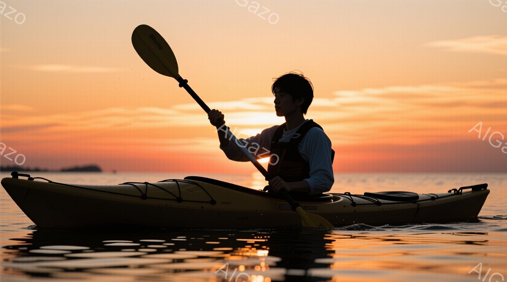 カヤックに乗った男性が夕焼けの中を漕いでいる様子が写っている。彼は黒い髪で、黒いライフジャケットと長袖のシャツを着ており、真剣な表情で前方を向いている。背景はオレンジと赤色の美しい夕焼け空で、水面には夕日の光が反射してキラキラと輝いている。