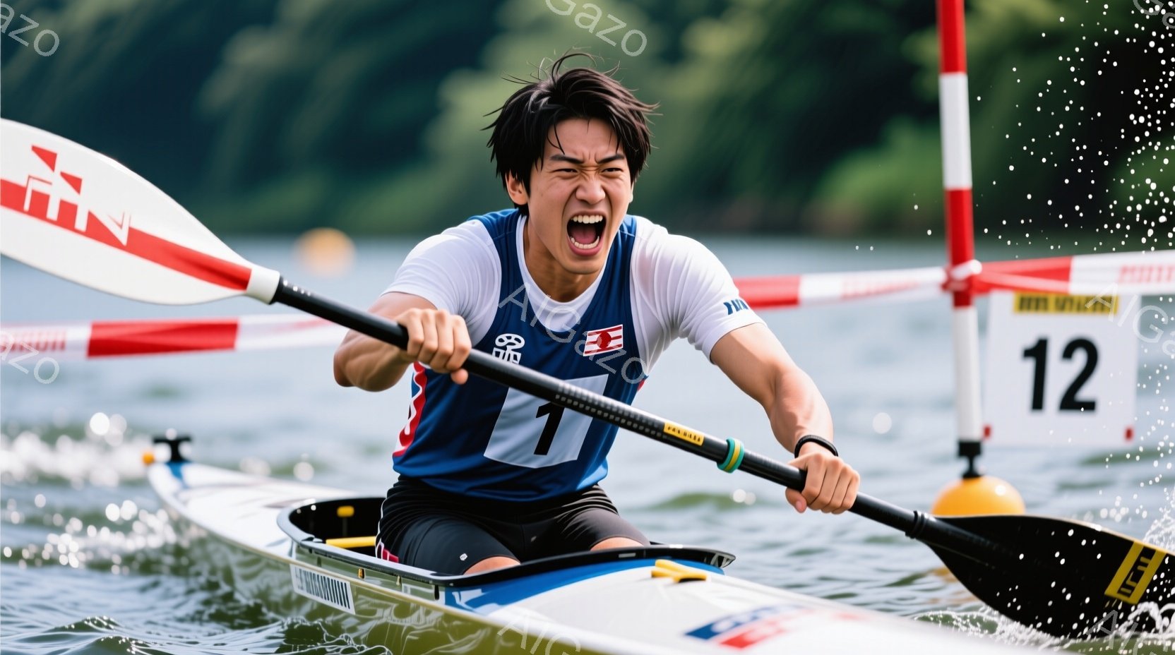 カヌー競技の選手が、激しい漕ぎで水面を切り進んでいる様子が写っている。彼は白いシャツに青いカヌーウェアを着用し、髪を後ろで束ね、力強い表情で前を見据えている。背景には緑豊かな自然と水面が広がり、競技場の数字「12」が見える。