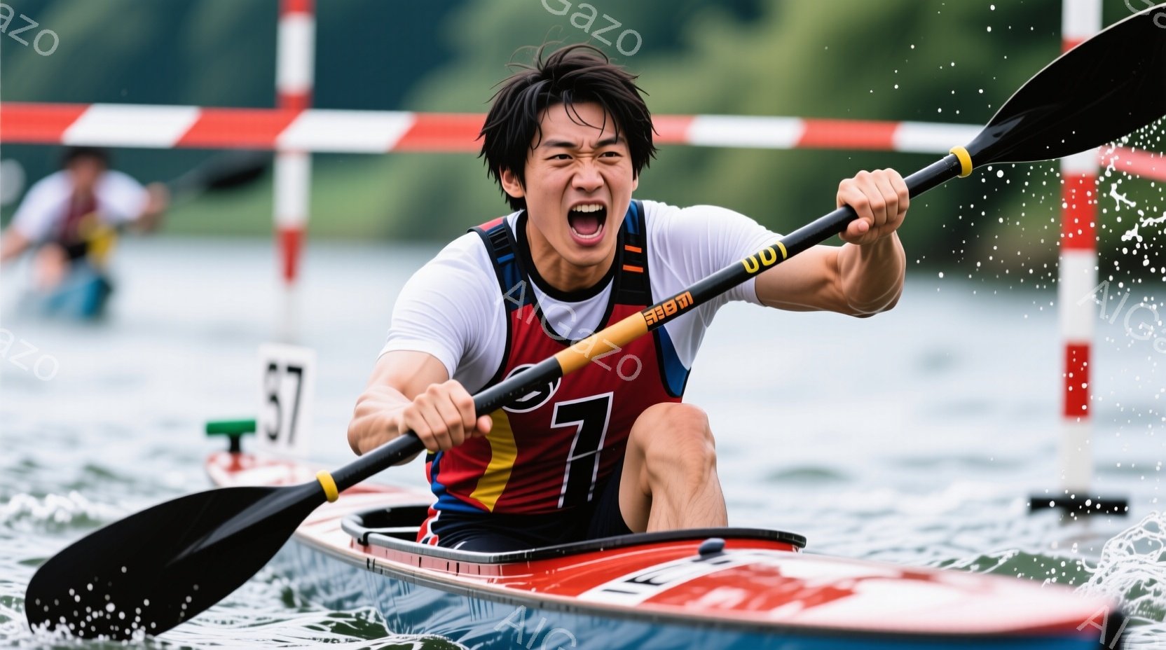 カヌー競技中の男性が写っている。彼は黒髪で、集中した表情で叫んでいる。赤いカヌーに乗っており、水面には水しぶきが上がっている。 - AI生成フリー素材