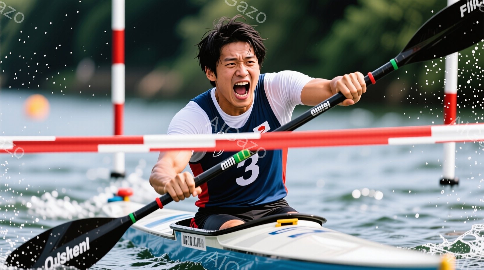 カヌー競技の選手が激しく漕いでいる様子が写っている。青と白のユニフォームに、髪は短く、表情は力強く叫んでいる。背景には水面、カヌー競技のコースを示す赤いブイ、そして緑豊かな自然が見え、競技の緊張感と躍 - AI生成フリー素材