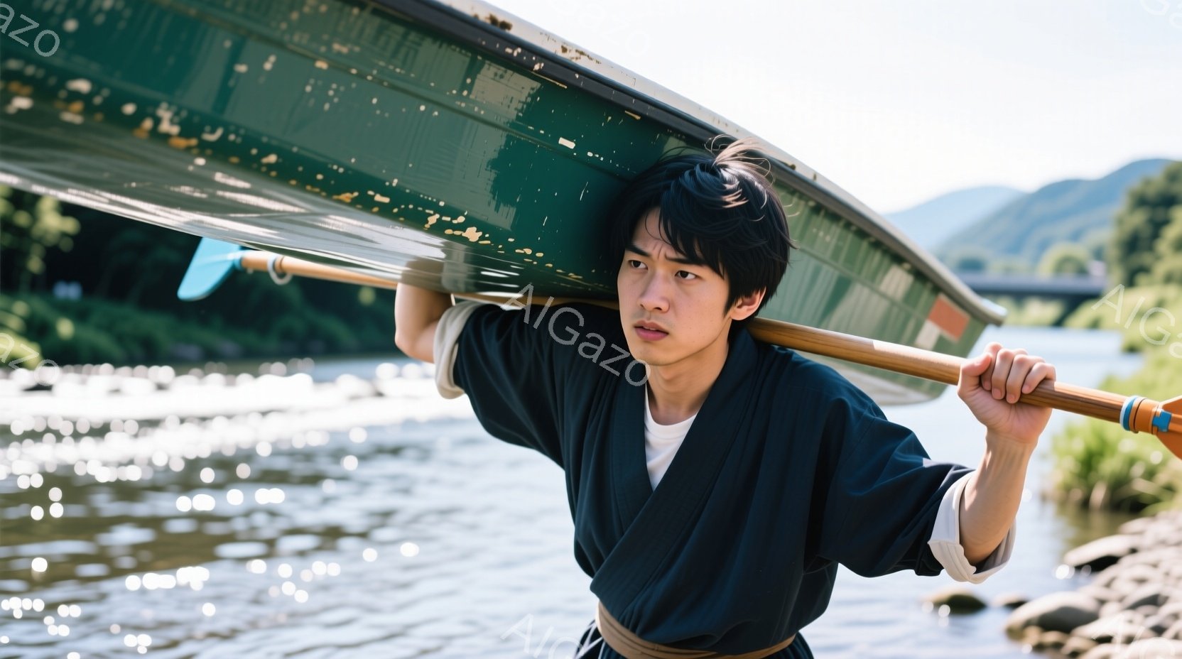 若い男性が、緑色の小舟を肩に担いで立っている。彼は濃い藍色の着物のような服装で、髪は短く、やや無表情な顔をしている。背景には光り輝く川と、緑豊かな山々が広がっており、静かで落ち着いた雰囲気を醸し出している。