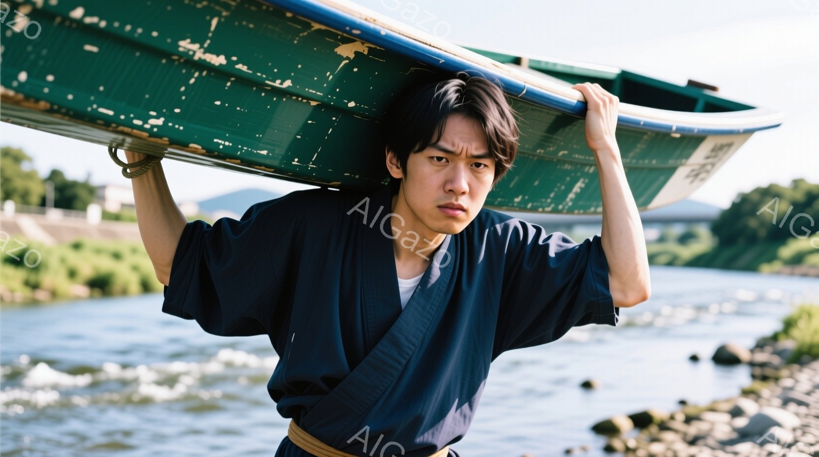 若い男性が、緑色の小さなボートを肩に担いで立っている。濃い藍色の着物のような服装で、腰には茶色の帯が巻かれ、濡れた髪は無造作に垂れ下がっている。背景には川と緑豊かな山々が広がり、晴天の下、どこか物憂げ - AI生成フリー素材