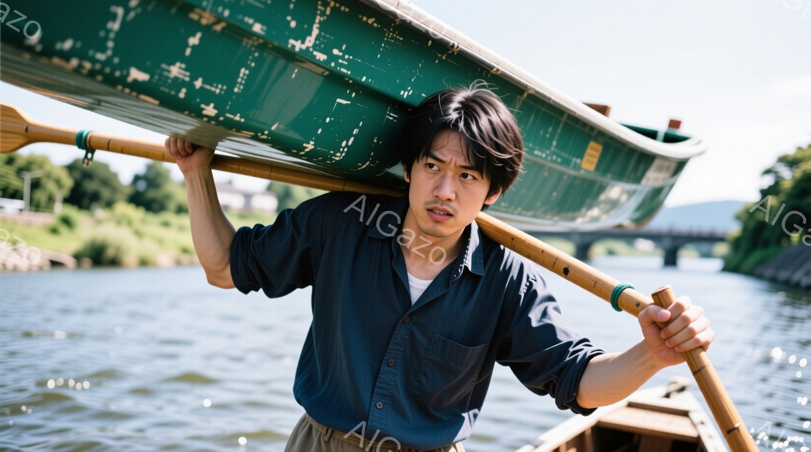 若い男性が、緑色のボートを肩に担いで水面を歩いている。彼は紺色のシャツとベージュ色のズボンを着用しており、黒い髪は無造作にセットされている。背景には川、緑豊かな木々、遠くにかかる橋が見え、晴天で穏やか - AI生成フリー素材