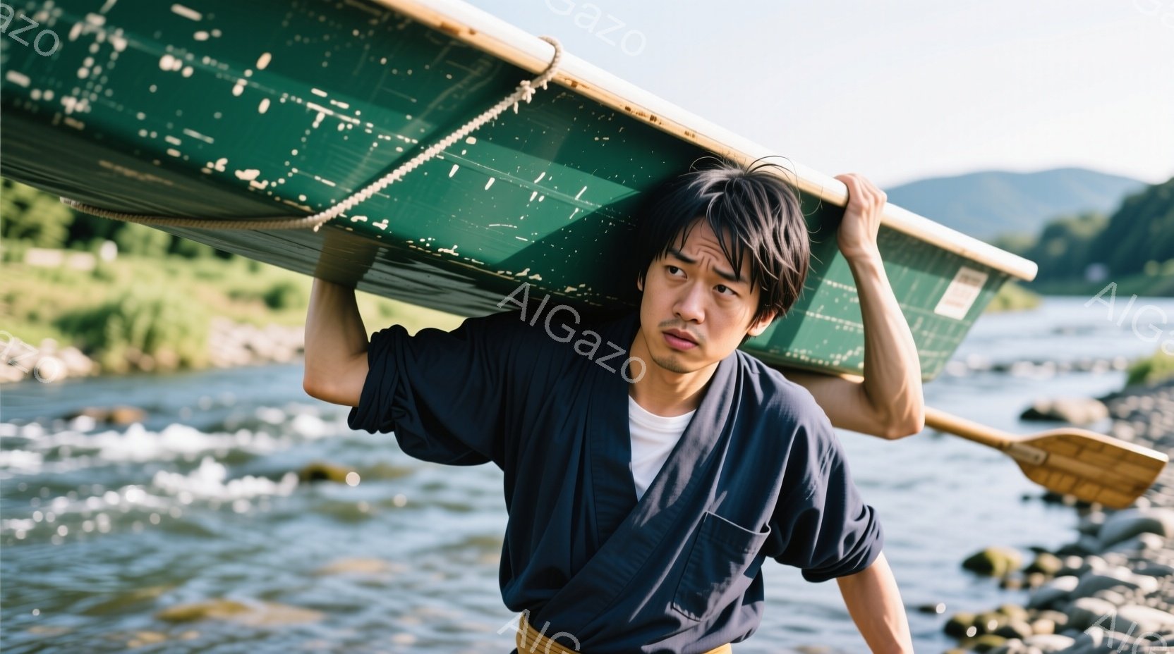 若い男性が緑色のボートを肩に担いで立っている。彼は黒いシャツと茶色のベルトを着用し、髪は無造作に伸びている。背景には岩場と水面、そして緑豊かな山々が広がり、晴天の下、力強く自然と一体化しているような雰 - AI生成フリー素材