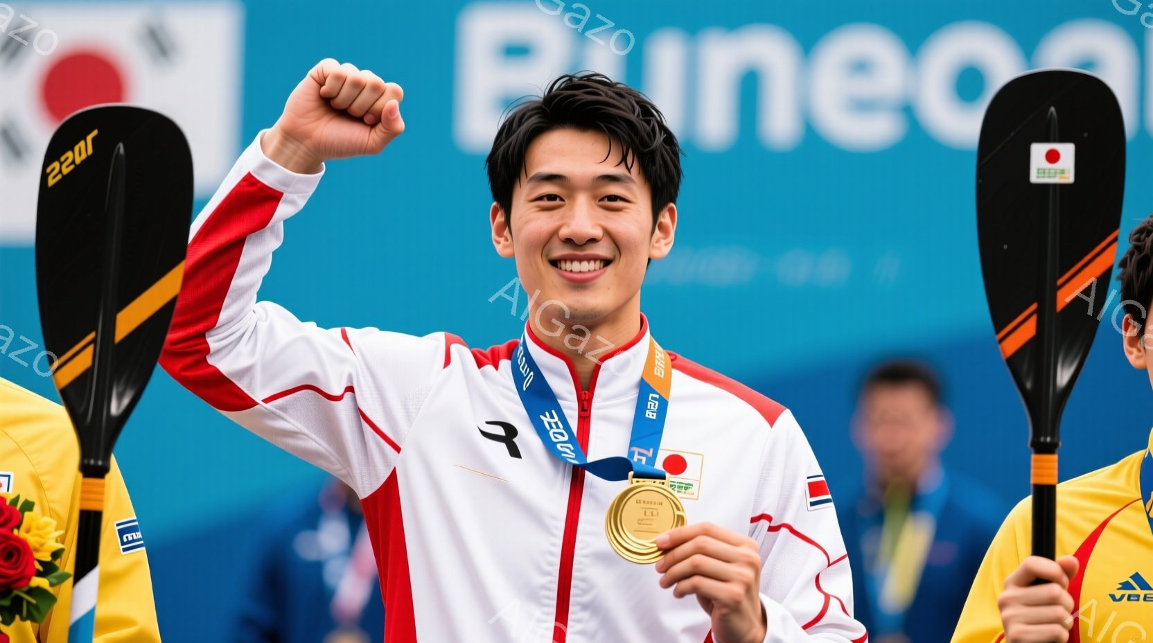 韓国の選手が金メダルを首にかけて、満面の笑みを浮かべている様子を捉えています。白のユニフォームに赤いラインが入っており、髪は短く整えられています。背景には、ぼやけた観客席と、競技場のロゴが見え、勝利の - AI生成フリー素材