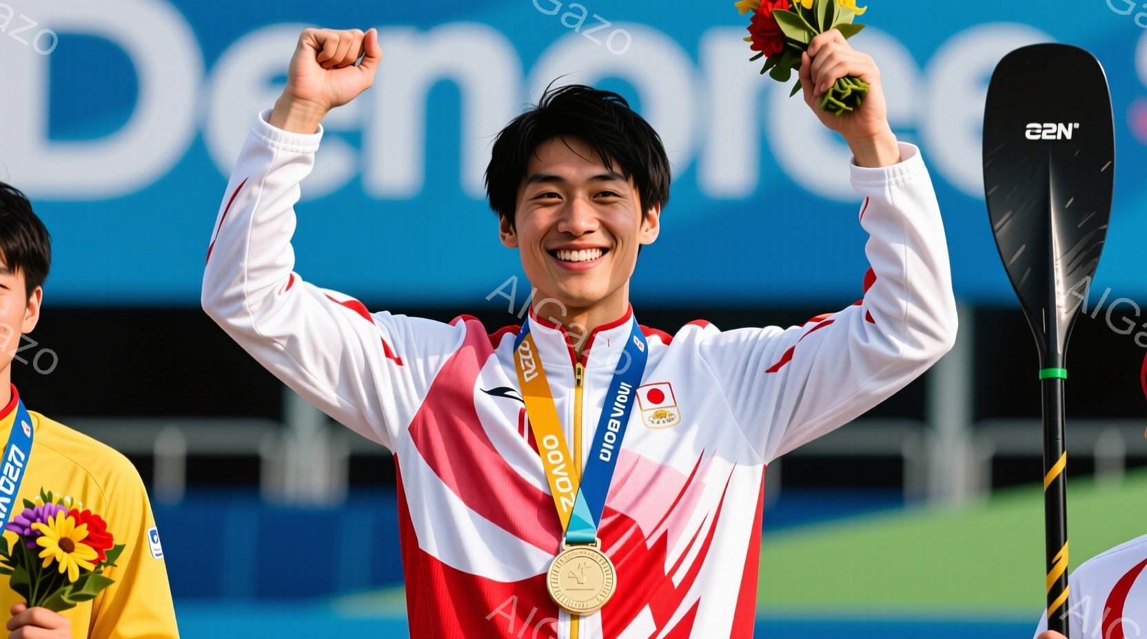 日本のカヌースプリント選手が金メダルを獲得し、満面の笑みを浮かべている様子を捉えています。彼は、赤と白のストライプが入った日本代表のユニフォームを着用し、首には金色のメダルが輝いています。背景にはぼやけた観客席と青空が見え、競技会場の興奮と喜びが伝わってきます。