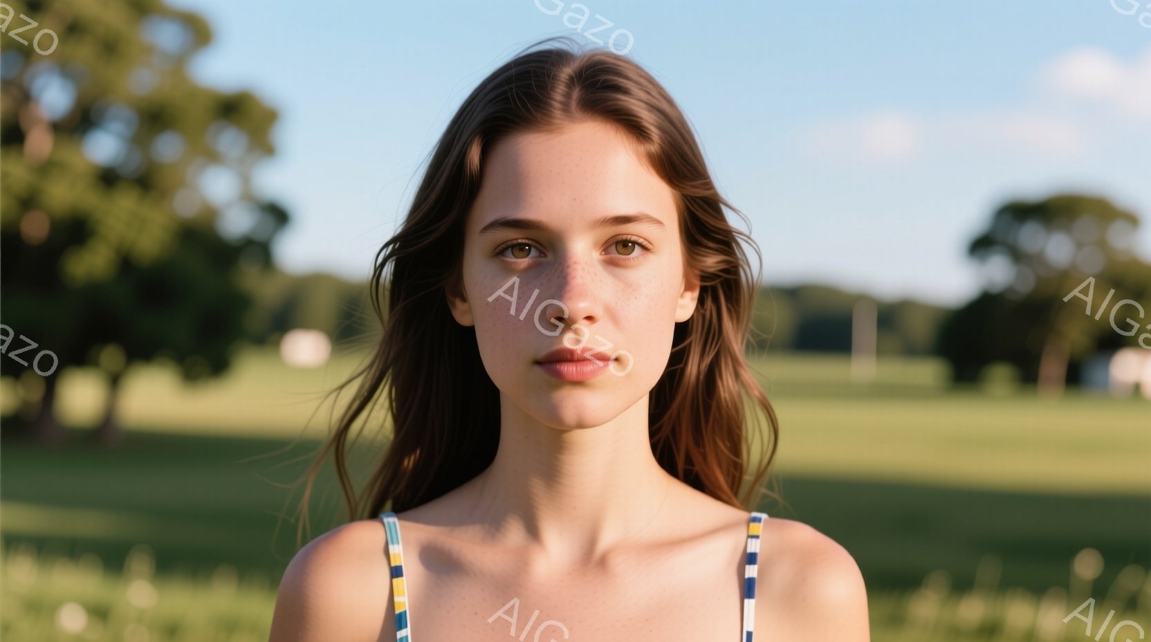 明るい緑の背景を背に、そばかすのある若い女性が正面を向いている。彼女は肩出しのストライプ柄の服を着ており、長い茶色の髪は自然に肩にかかっている。彼女の表情は穏やかで、視線はカメラを見つめている。 - AI生成フリー素材