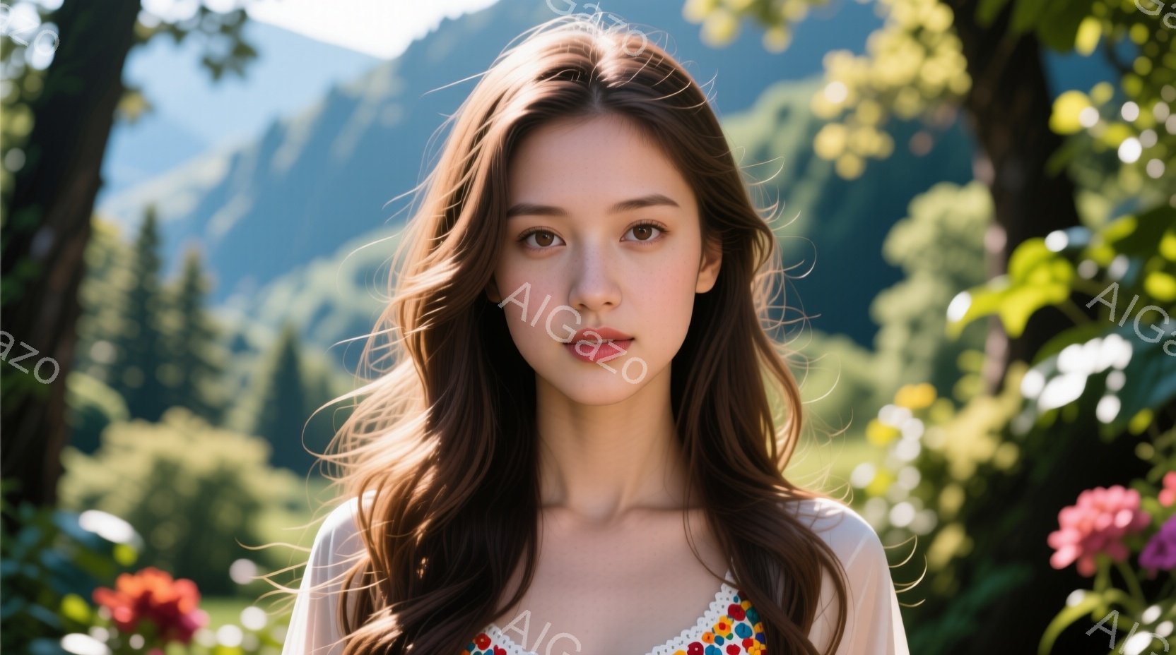 長い茶色の髪が風になびき、白いレース襟のブラウスを着た若い女性が写っている。彼女は正面を見つめ、穏やかで少し微笑んだ表情をしている。背景には緑豊かな植物とぼやけた山々が見え、晴れた日の穏やかな雰囲気が - AI生成フリー素材