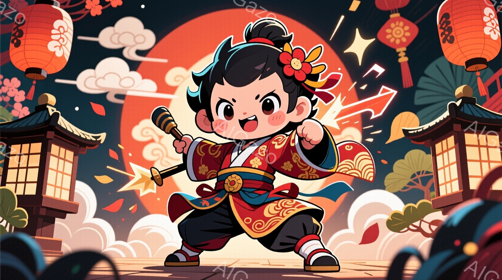 黒髪を髷にした幼い男の子が描かれており、赤い装飾が施された伝統的な和装を身に着けています。彼は剣を構え、力強い表情で前進しており、背景には日本の伝統的な建物と赤い提灯、そして雲が浮かんでいます。全体として、力強く活気に満ちた、お祭りのような雰囲気です。