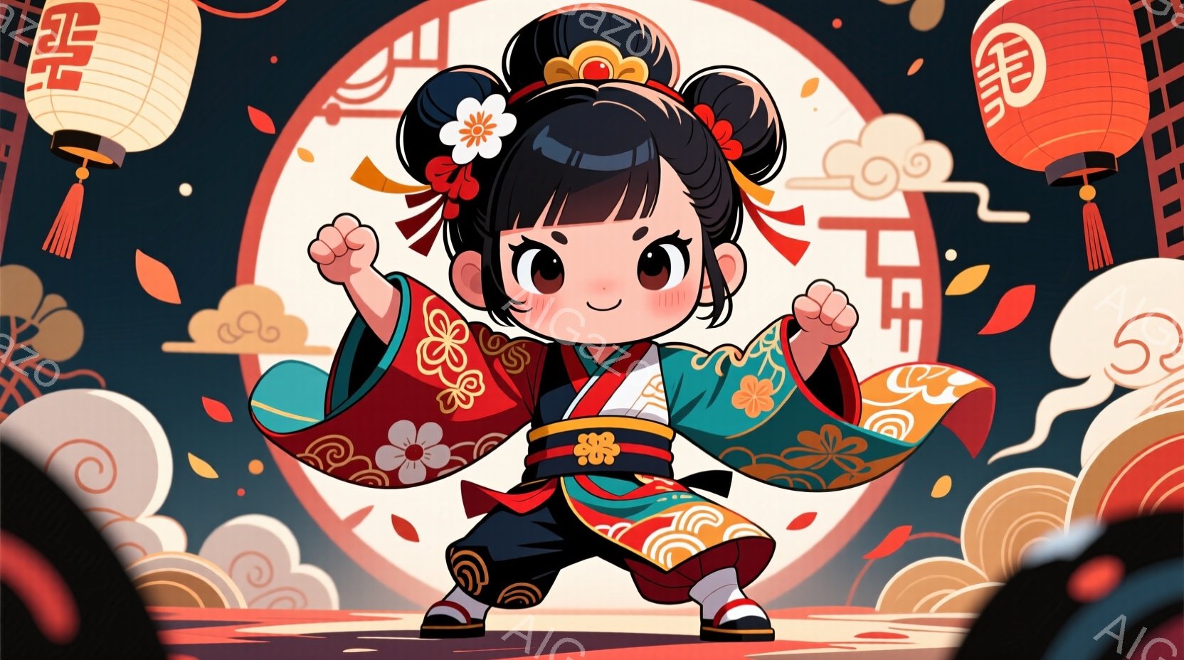 可愛らしい少女が、鮮やかな赤い着物と緑色の帯を身につけて力強く立っています。彼女は黒髪を高く結い上げ、髪飾りをつけており、顔には自信に満ちた笑顔が見られます。背景には、日本の伝統的な建物や桜の花びらが - AI生成フリー素材