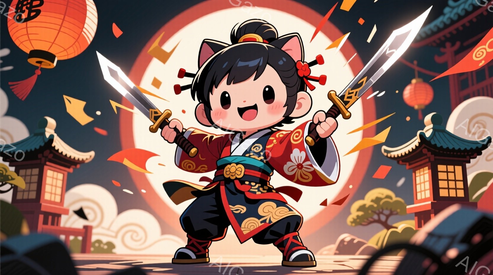 小さな侍の少女が描かれており、赤い着物と黒い髪飾りをつけています。彼女は両手に刀を持ち、自信に満ちた表情で立ち向かっています。背景には、日本の伝統的な建物と木々、そして夕焼けのような赤い空が広がってお - AI生成フリー素材