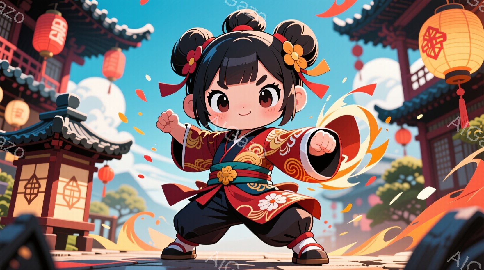 小さな女の子が、赤い衣装と黒いズボンを身に着け、力強く拳を突き出しています。髪は二つの団子状に結ばれており、顔には活気のある表情が浮かんでいます。背景には中国風の建物と赤い提灯があり、燃え盛る炎が彼女の攻撃を強調し、活気に満ちた雰囲気を作り出しています。