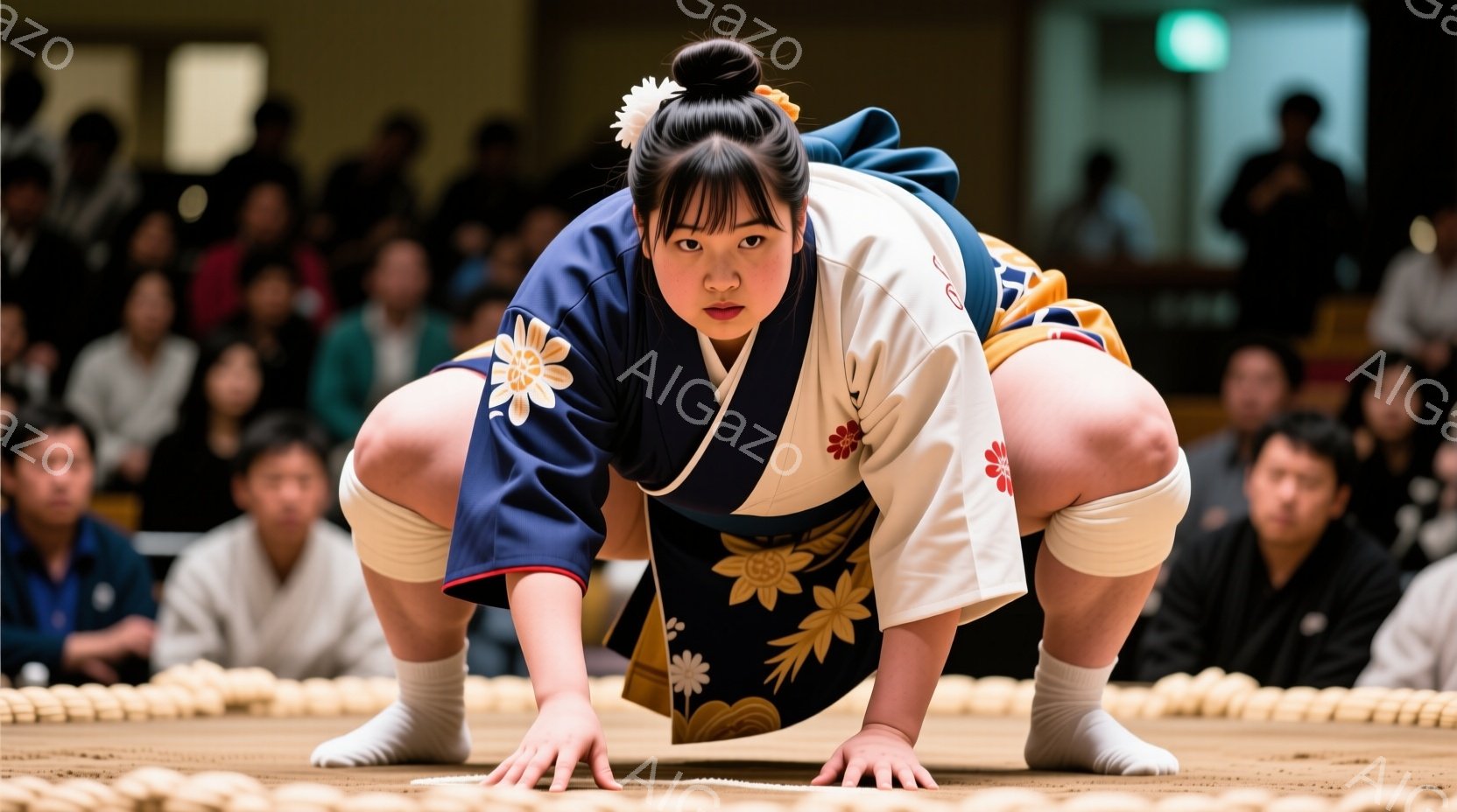 少女は土俵の上で相撲の構えを取り、真剣な表情で視線を一点に集中させている。彼女は鮮やかな紺色と白色の絞り染め模様が入った相撲衣装を身につけ、髷（まげ）を結い、白い足袋を履いている。背景には観客席が広がり、土俵を囲むように人が座っている様子がぼやけて見える。