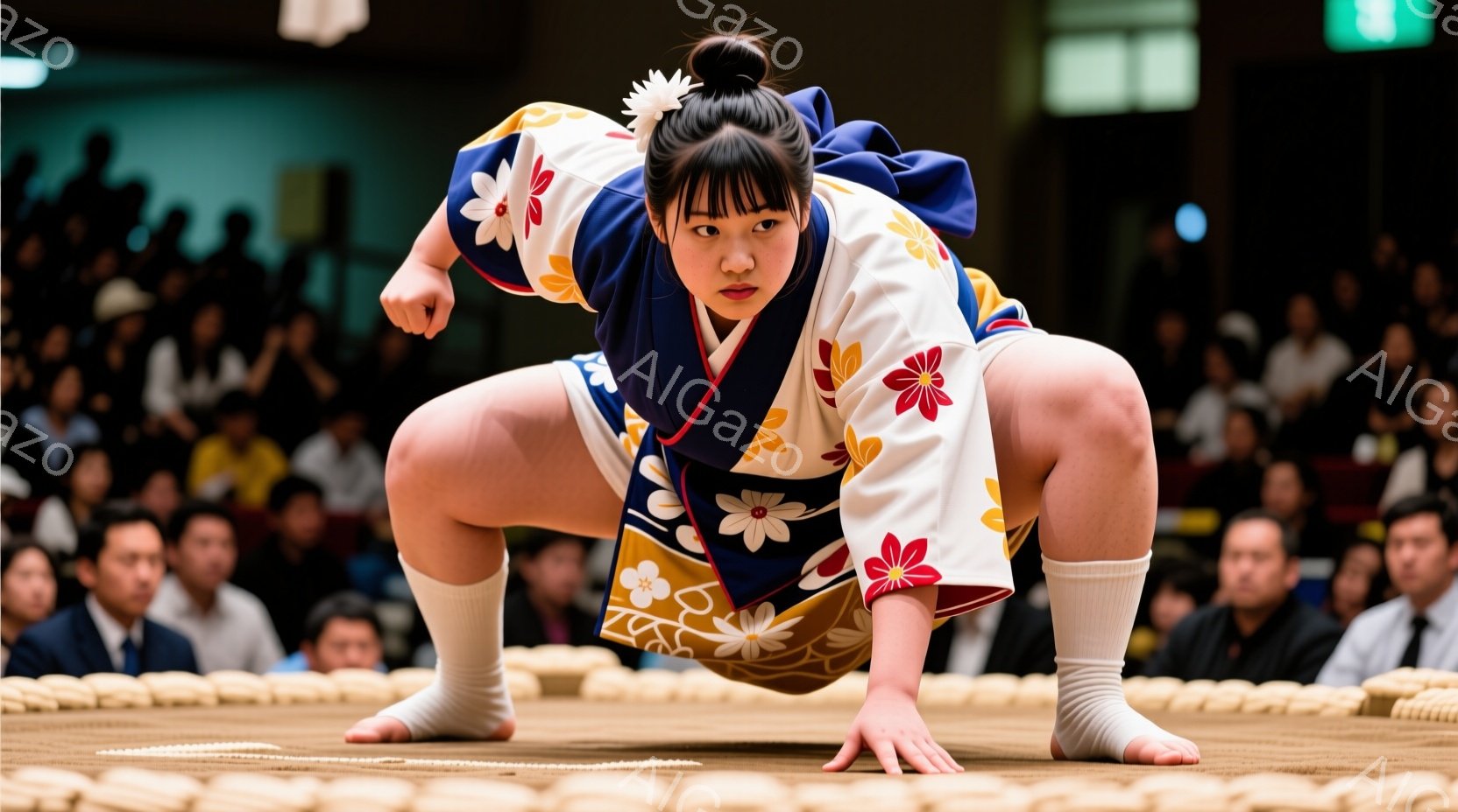 競技者は土俵の上で、両手を地面につき、力強く踏ん張る姿勢をとっています。白と紺色の花柄が印象的な相撲の練習着（まわし）を締め、頭髪は丁髷（ちょんまげ）のようにまとめられています。背景には観客席が見え、 - AI生成フリー素材