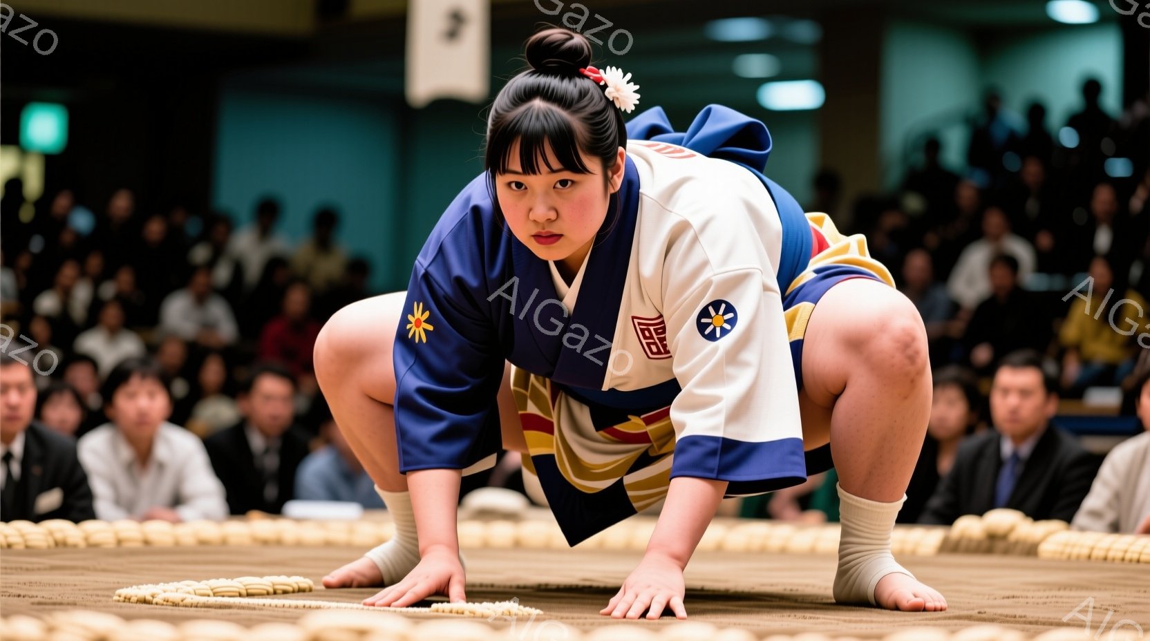 少女は土俵上で相撲の構えを取っており、白い廻（まわし）に藍色の帯と飾りが施されています。髪は髷（ちょんまげ）のようにまとめられ、凛々しい表情で決意を秘めた眼差しを向けています。土俵を取り囲む観客席は多 - AI生成フリー素材