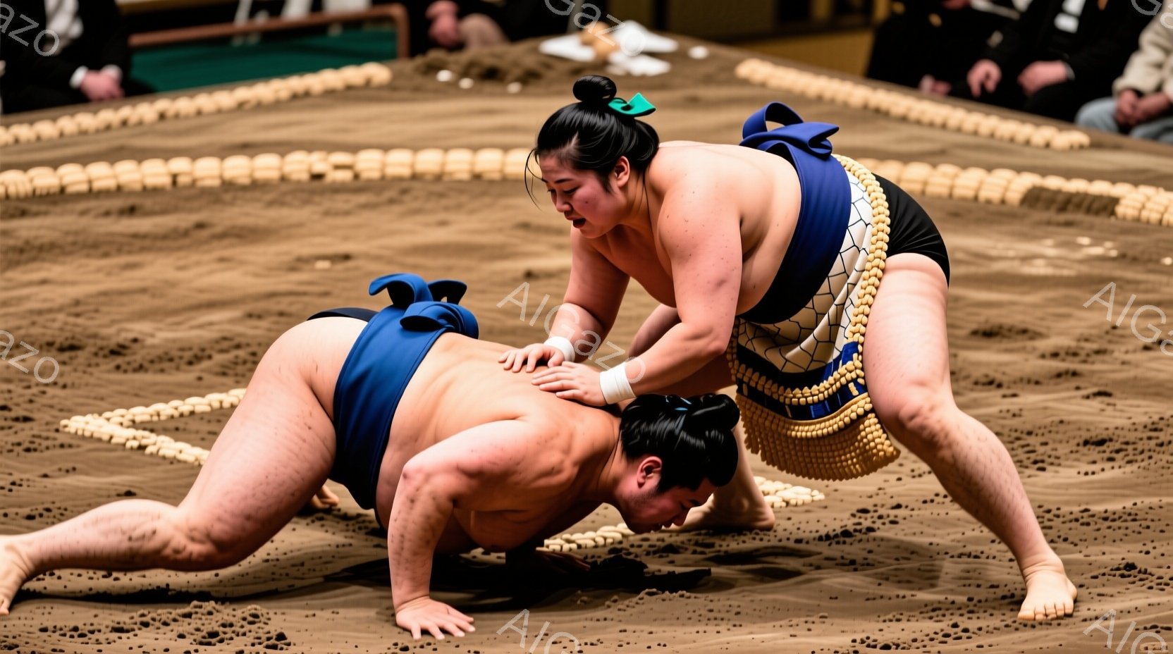 競技場の中央で、二人の力士が激しい相撲の最中です。彼らは締め込みと呼ばれる伝統的な下着を着用し、髪は丁髷（ちょんまげ）に結われています。力士の一人は相手の背中に手を添え、もう一人は前かがみになり、激しい攻防を繰り広げています。