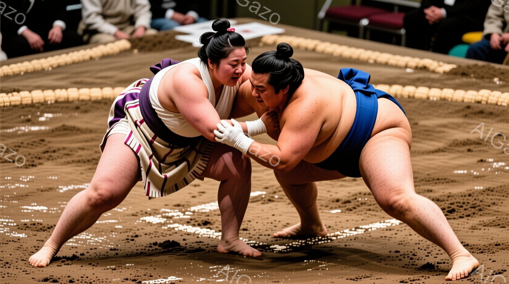 若い女性が競技場のトラックに立っており、白い上着と濃い青色の着物のような衣装を身に着けています。彼女は笑顔で、髪は肩の長さで、前髪はきれいに整えられています。背景には観客席と緑のフィールドがあり、晴れた日の屋外の競技場の雰囲気が伝わってきます。