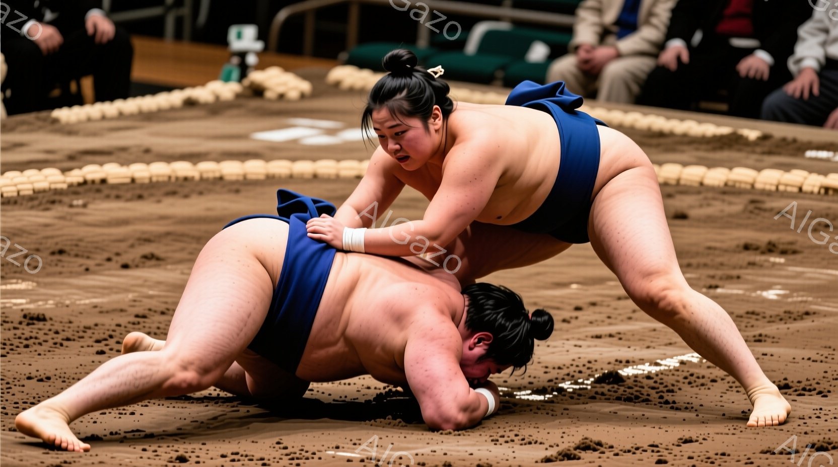 力士二人が土俵上で組み合っている様子が写っている。二人は化粧回しと呼ばれる伝統的な下着を着用し、髪は丁髷（ちょんまげ）に結われている。一人は相手の背中に寄りかかり、体をロックし、もう一人は膝をつき、抵抗しているように見える。