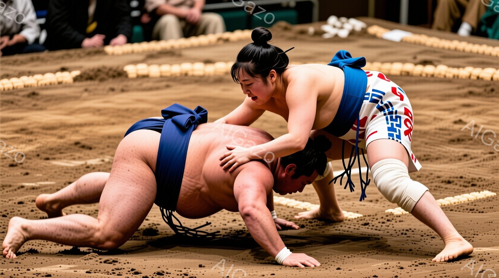 力士二人が土俵の上で組み合っている様子が写っている。上段の力士は、紺色の締め込みに赤い花緒を付けた白い足袋を履き、敵の腕を掴んで抑え込もうとしている。下段の力士は、同様の服装で、頭を下げて抵抗している - AI生成フリー素材