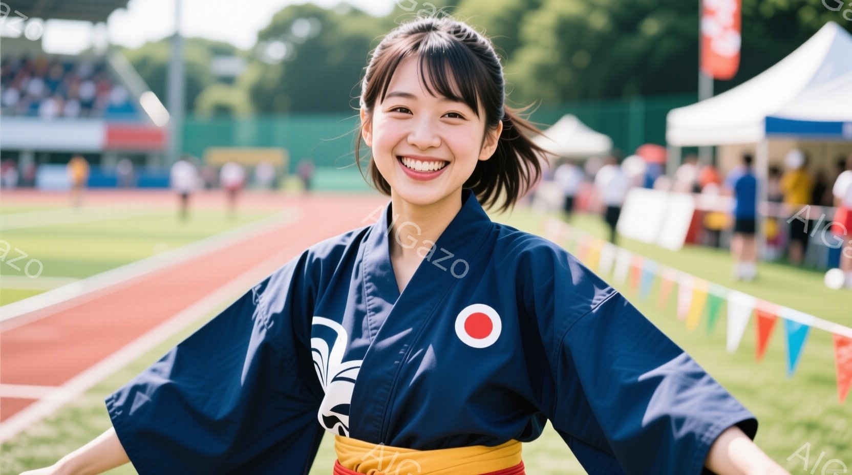 この女性は紺色の着物に黄色い帯を締めて、競技場の中央で笑顔で両手を広げて立っています。彼女は暗い髪を後ろでポニーテールにし、明るい表情で活気に満ちています。背景には赤いトラック、観客席、旗、そしてテン - AI生成フリー素材