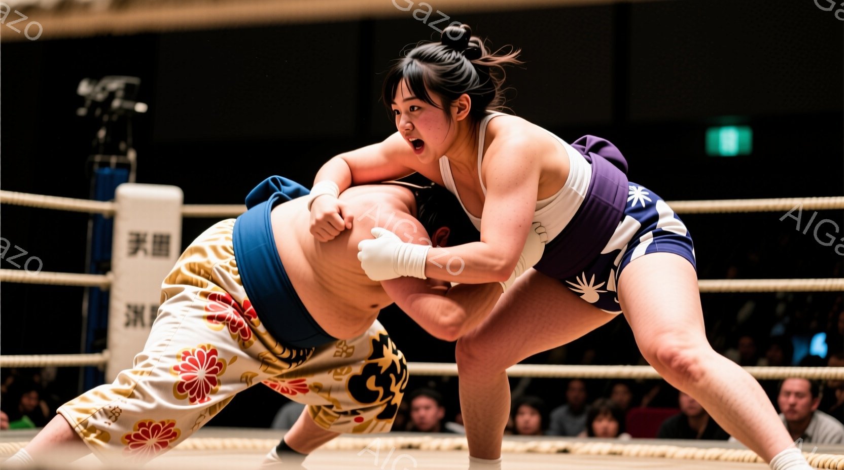 結髪で髪を高く結い上げた力士が、相手の力士と組み合い、激しい相撲の最中です。力士は締め込みと呼ばれる伝統的な下着を着用しており、鮮やかな花柄が施されています。土俵の上で力強くぶつかり合う姿は、緊張感と迫力を感じさせます。