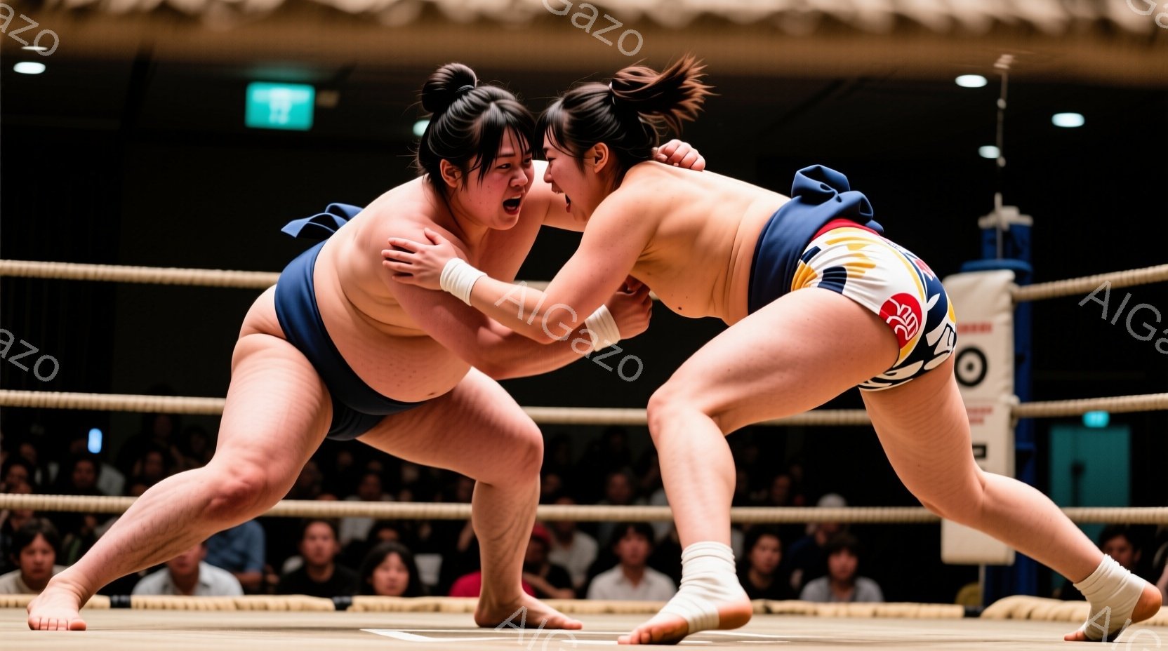 伝統的な相撲の土俵で、力士二人が組み合い、激しい攻防を繰り広げている場面だ。力士たちは締め込みと呼ばれる独特の衣装を身につけ、髪は丁髷（ちょんまげ）に結われている。背景には観客席が広がり、緊張感と興奮に満ちた雰囲気が伝わってくる。