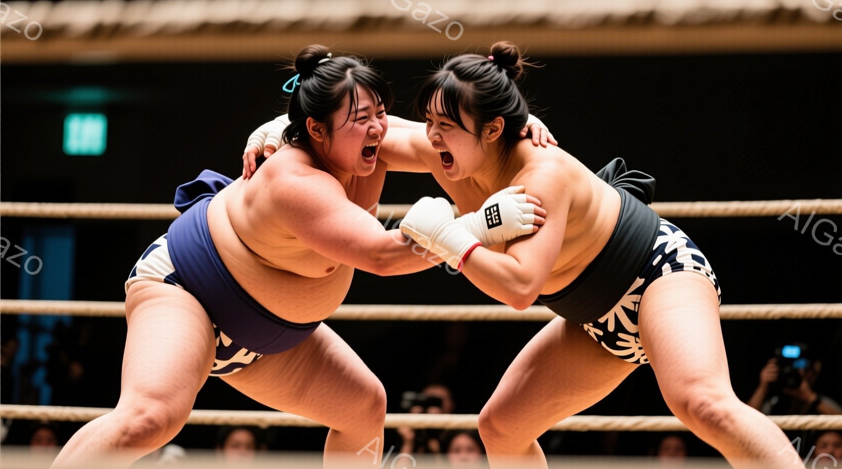 紺色の相撲の装束を身につけた二人の女性が、力強く組み合っている様子が写っています。彼女たちは、髪を後ろで束ね、集中した表情で睨み合い、激しい攻防を繰り広げています。リングのロープと背景のぼやけた観客席が、競技会場の雰囲気を醸し出しています。