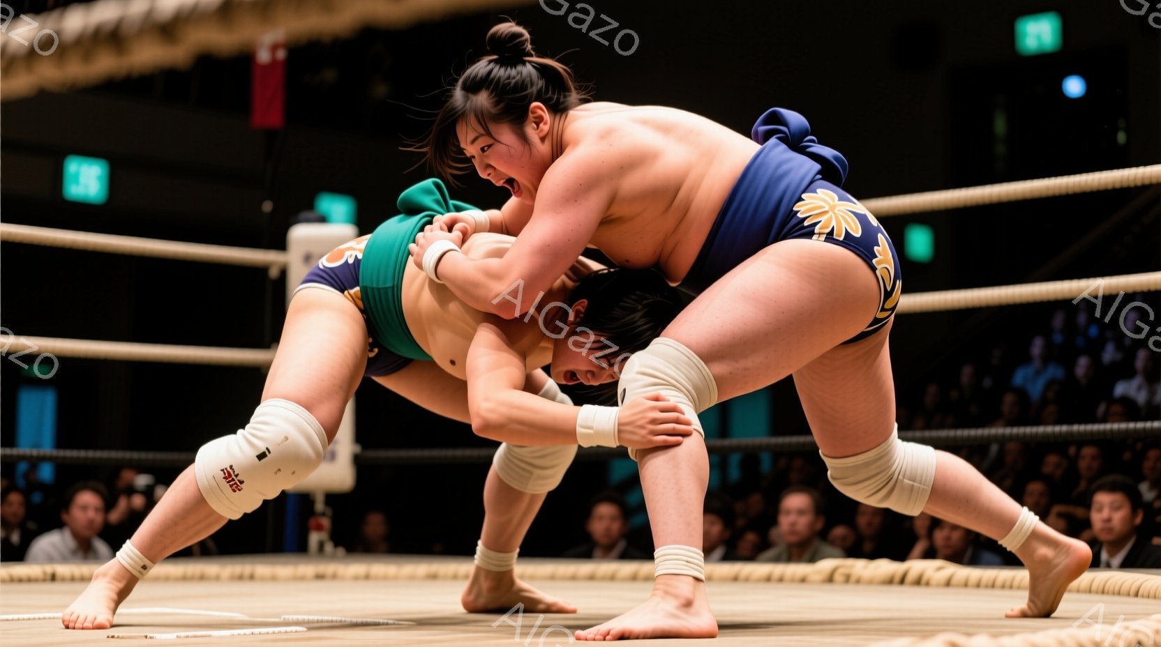 露わになった上半身には、鮮やかな緑色のまわしを締め、力士たちは激しい組み合いをしている。片方の力士は相手の体を抱き込み、もう片方は膝を曲げ、相手の体を支えようと必死になっている。土俵の周りには観客がお - AI生成フリー素材