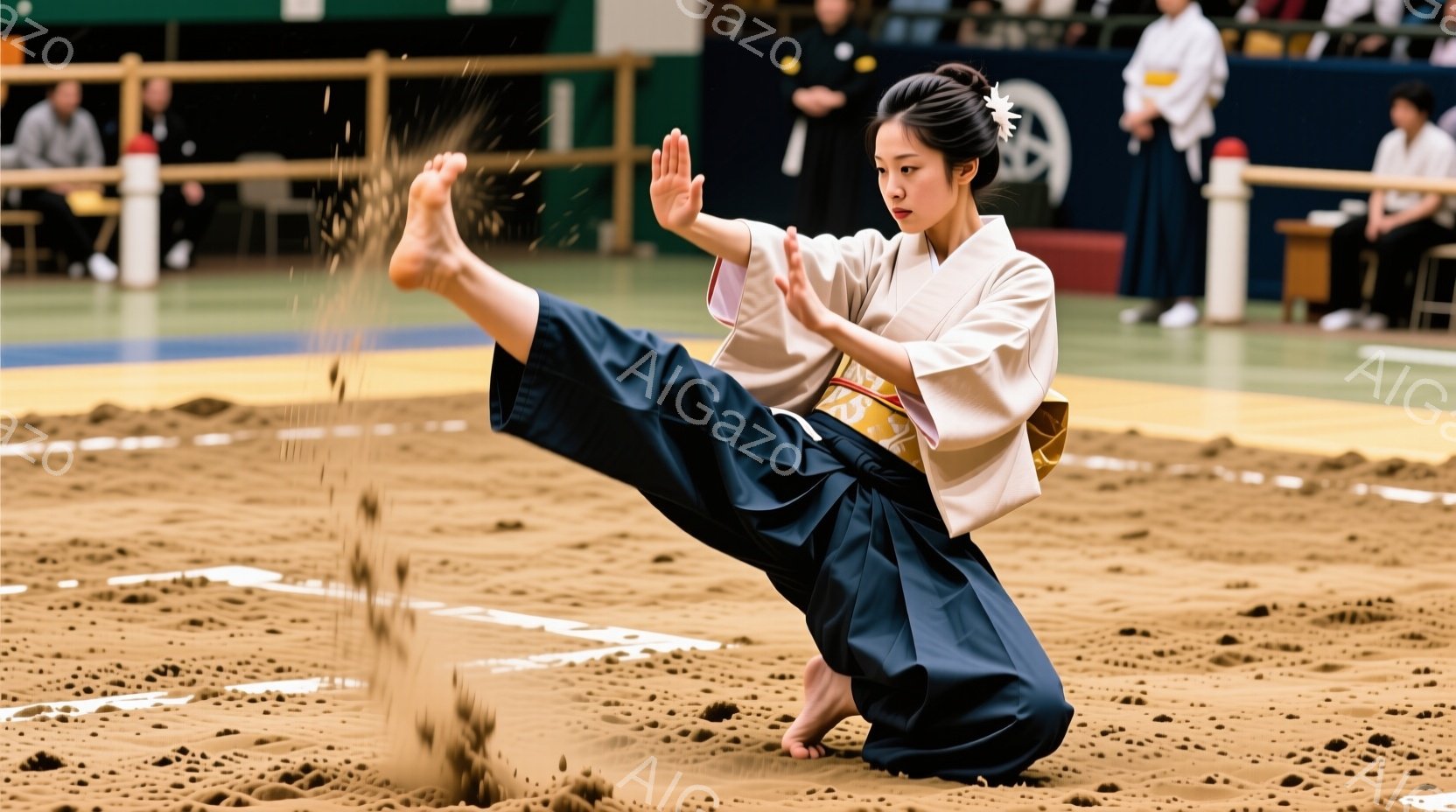 空手の訓練をする女性が写っている。彼女は白い上着と濃い青色の袴を身につけ、髪は後ろで束ねている。彼女は左足を高く上げ、右膝をついて、土ぼこりを巻き上げながら空手の構えを取っている。