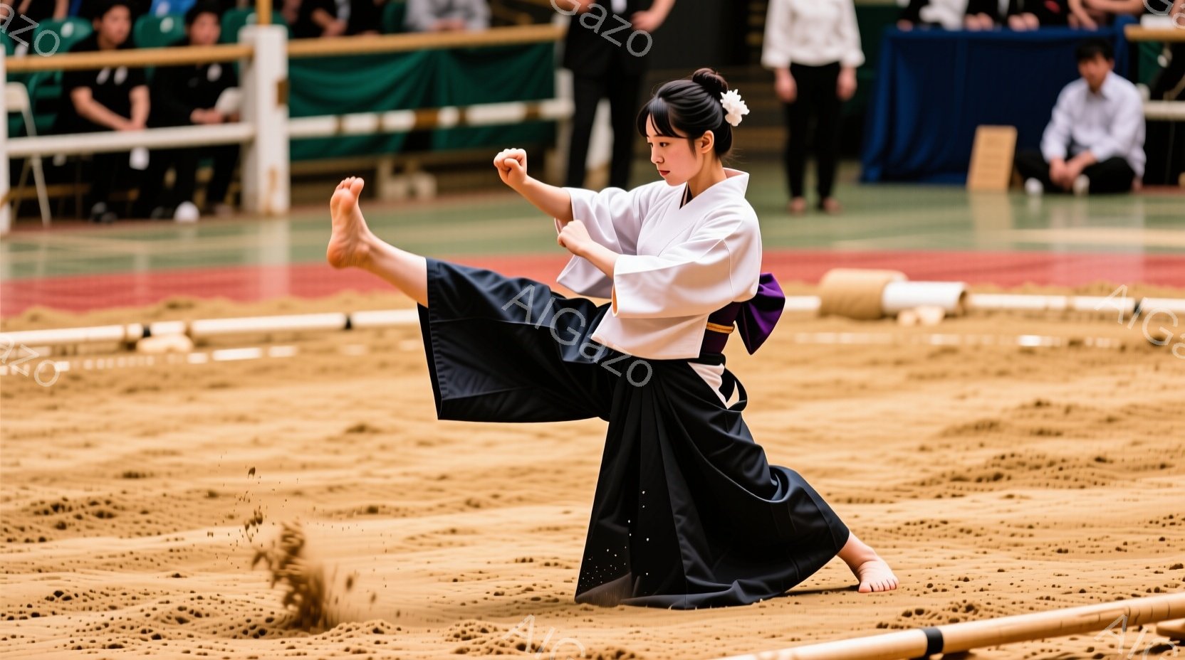 空手着を着た女性が、土の地面で技を繰り出している様子が写っている。彼女は白い空手着に黒の帯を締め、髪をきっちりと結い上げている。技の動作で土が舞い上がり、力強い雰囲気を感じさせる。