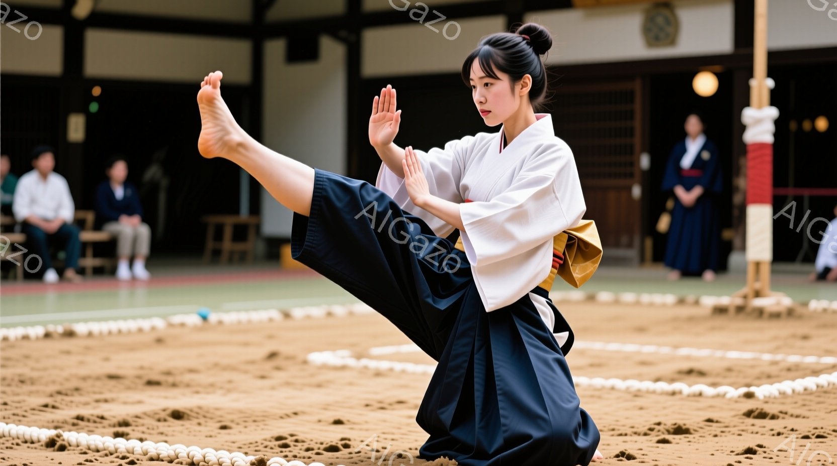 黒い袴と白い着物を身につけた女性が、武道場で決まった姿勢で技を繰り出しています。彼女は片足を高く上げ、両手を前に突き出した構えで、集中した表情をしています。背景には畳の部屋があり、他の練習者たちが座っ - AI生成フリー素材