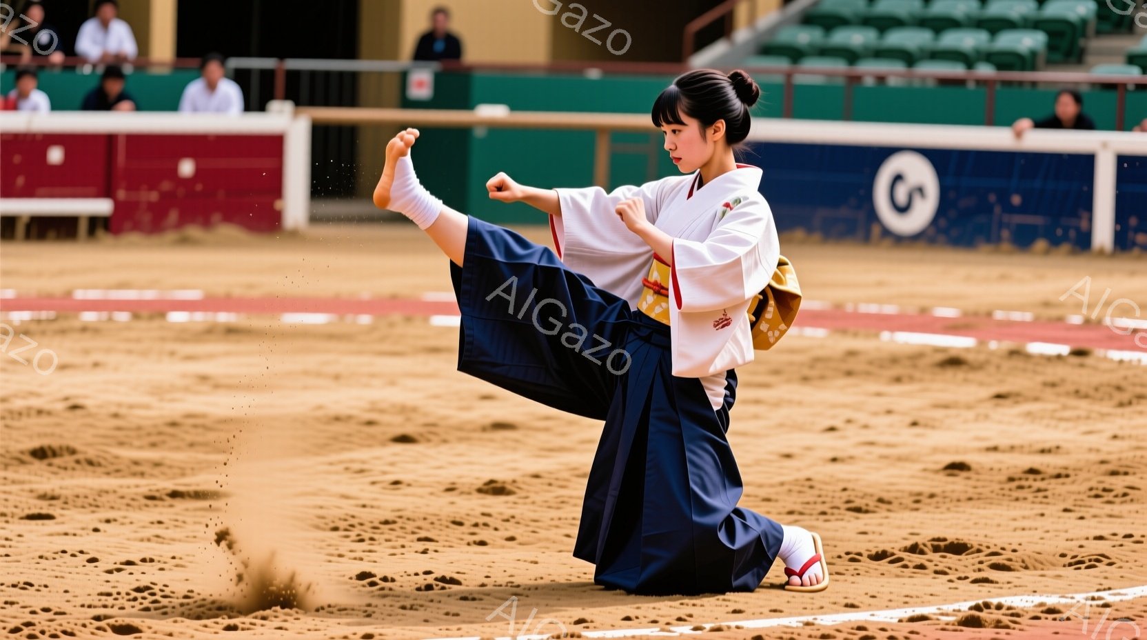 武道の演武を行う女性が写っている。彼女は白い着物と黒い袴を身につけ、髪をきっちりと結んでいる。土の地面で足を高く上げ、力強い蹴りを繰り出している様子が捉えられ、競技場の観客席が背景に見える。 - AI生成フリー素材