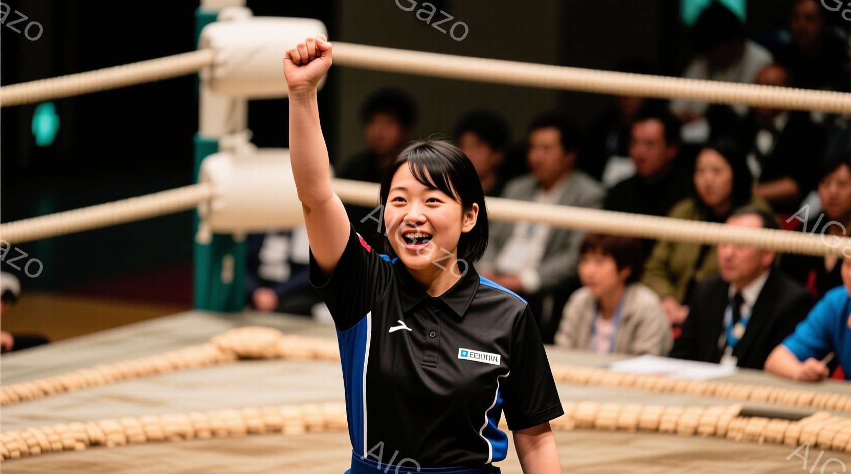 黒いシャツに青いラインが入った女性が写っており、右手を高く上げて喜んでいます。彼女は短髪で、顔には明るい笑顔が浮かび、力強く勝利をアピールしているようです。背景には柔道場のような場所が見え、観客席には多くの人々が座っており、活気のある雰囲気が感じられます。