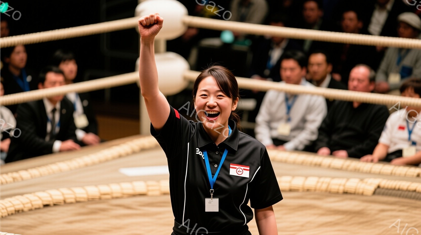 画像は相撲の土俵で、笑顔の女性が右手を高く上げています。彼女は黒いポロシャツに赤い円が描かれたバッジをつけており、髪は後ろで一つにまとめられています。背景にはぼやけた観客席が見え、土俵の周りを白い綱が - AI生成フリー素材