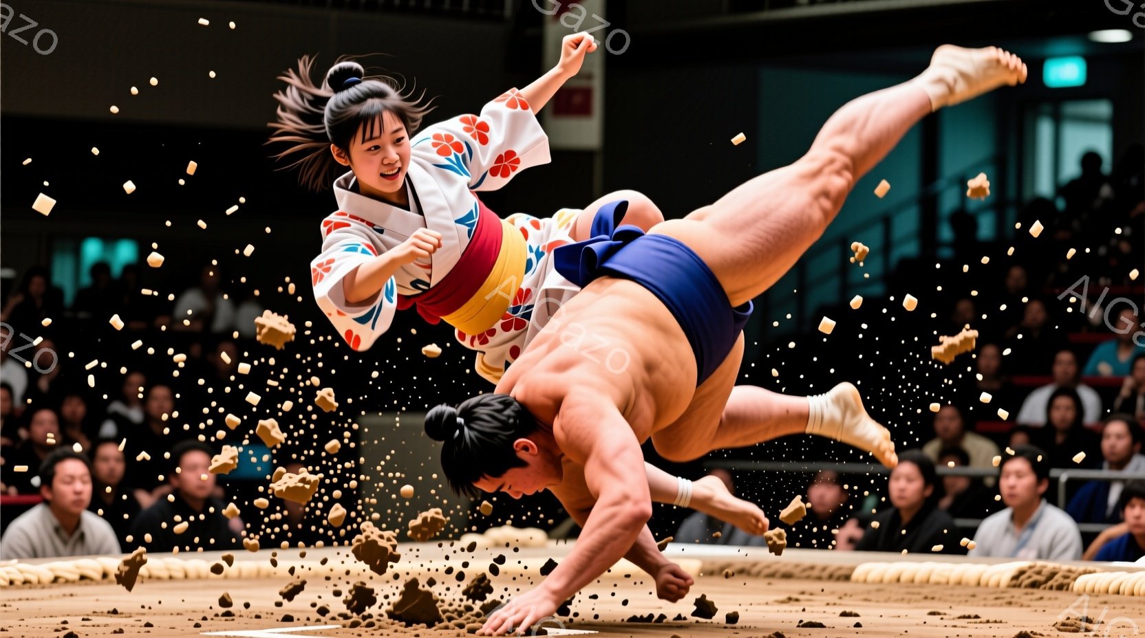 土俵上で相撲を取る女性二人が写っている。片方の女性は、鮮やかなピンクと白の模様が入った角帯と、髪を高く結った伝統的な髷で、力強い姿勢で相手を抱え込もうとしている。もう一人の女性は、紺色の相撲シューツを着用し、土俵から転倒しようとしている様子で、周囲には土埃が舞い上がっている。