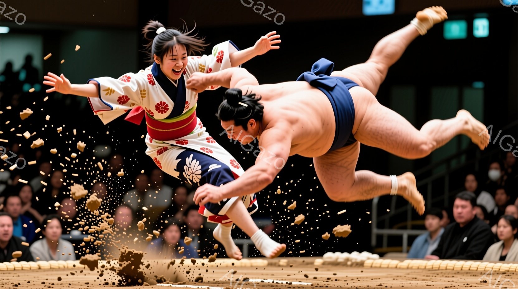 競技場の中央で、力士が空中で姿勢を崩し、地面に向かって転落しようとしている場面です。女性は赤い着物と髪を結い上げ、驚いた表情で力士の動きを見守っています。土俵からは土が舞い上がり、観客席には多くの人が - AI生成フリー素材