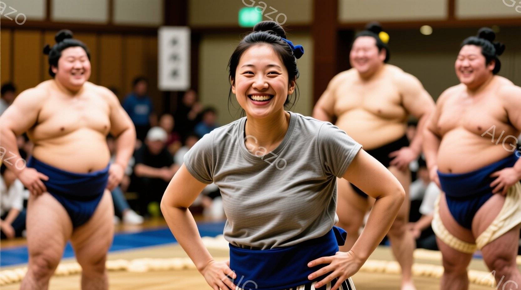 画像中央には、笑顔の女性が立っており、灰色のTシャツと青い巻きスカートを着用しています。彼女は両手を腰に当てて自信を持ってポーズをとっており、周囲には相撲の稽古をしている力士たちがいます。背景は畳の土 - AI生成フリー素材
