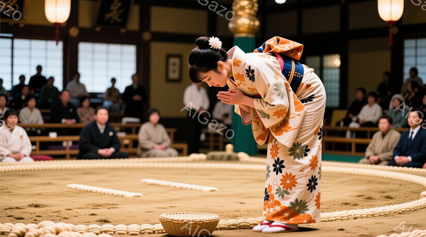 舞台の中央で、花柄の着物を着た女性が深々と頭を下げています。彼女の髪は高髢にされ、簡素な装飾が施されています。周囲には畳が敷かれた空間が広がり、観客席には多くの人々が静かに座っています。 - AI生成フリー素材