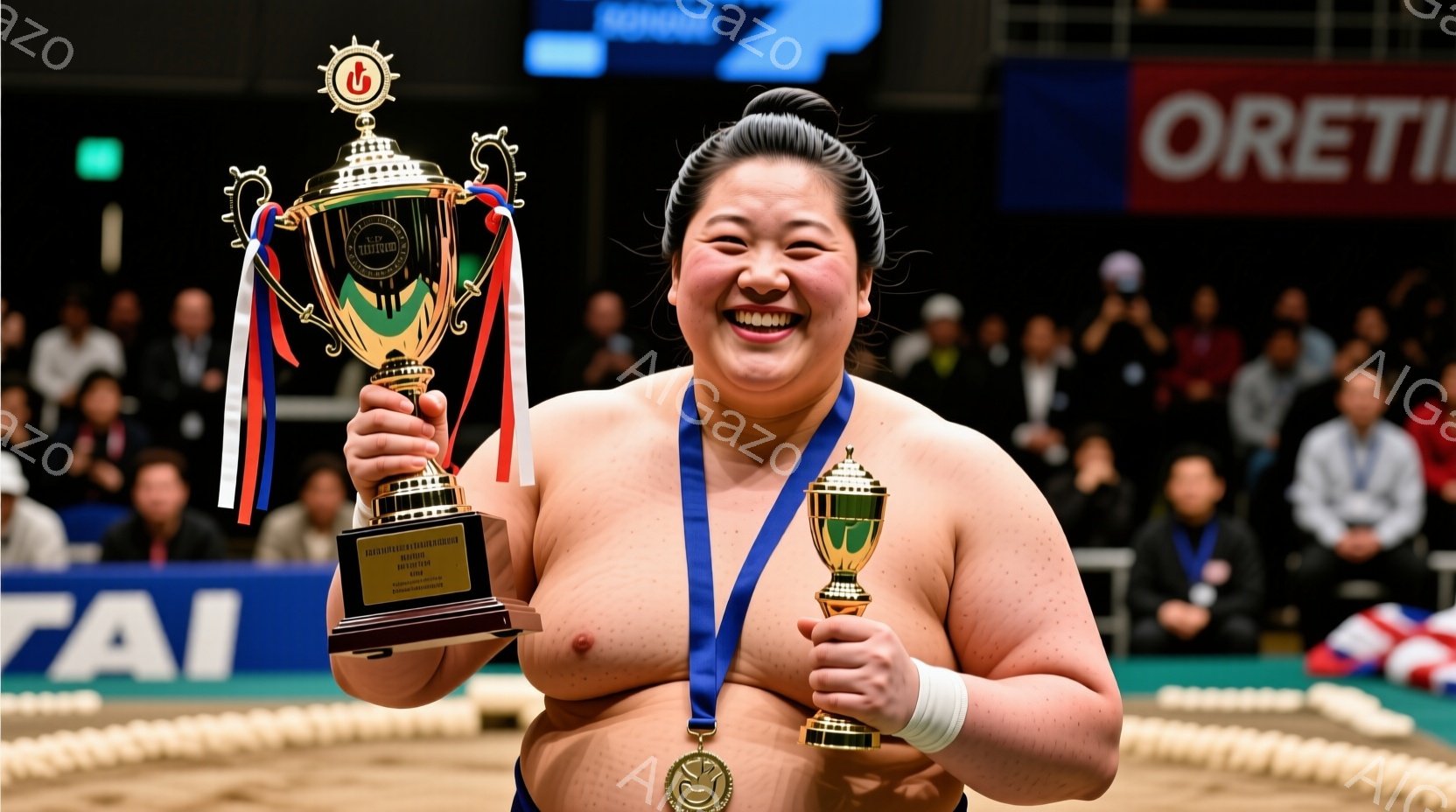 力士が土俵の上でトロフィーを高く掲げ、満面の笑みを浮かべています。彼はまわし姿で、頭髪は伝統的なちょんまげに整えられ、首には金色のメダルがかけられています。背景には観客席が見え、大会の熱気と喜びが伝わってきます。