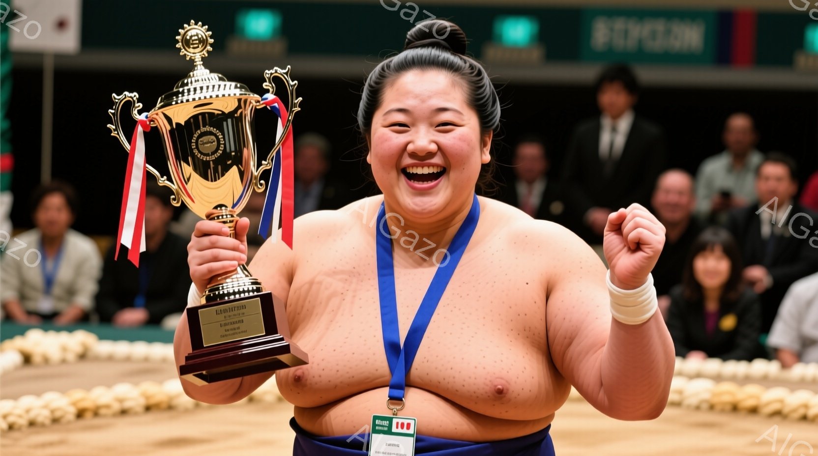 力士が表彰台でトロフィーを高く掲げ、満面の笑みを浮かべている。彼は締め込み姿で、力強い肉体を露わにしている。背景には観客席と、ぼやけた広告が見え、勝利の喜びと興奮に満ちた雰囲気が伝わってくる。 - AI生成フリー素材