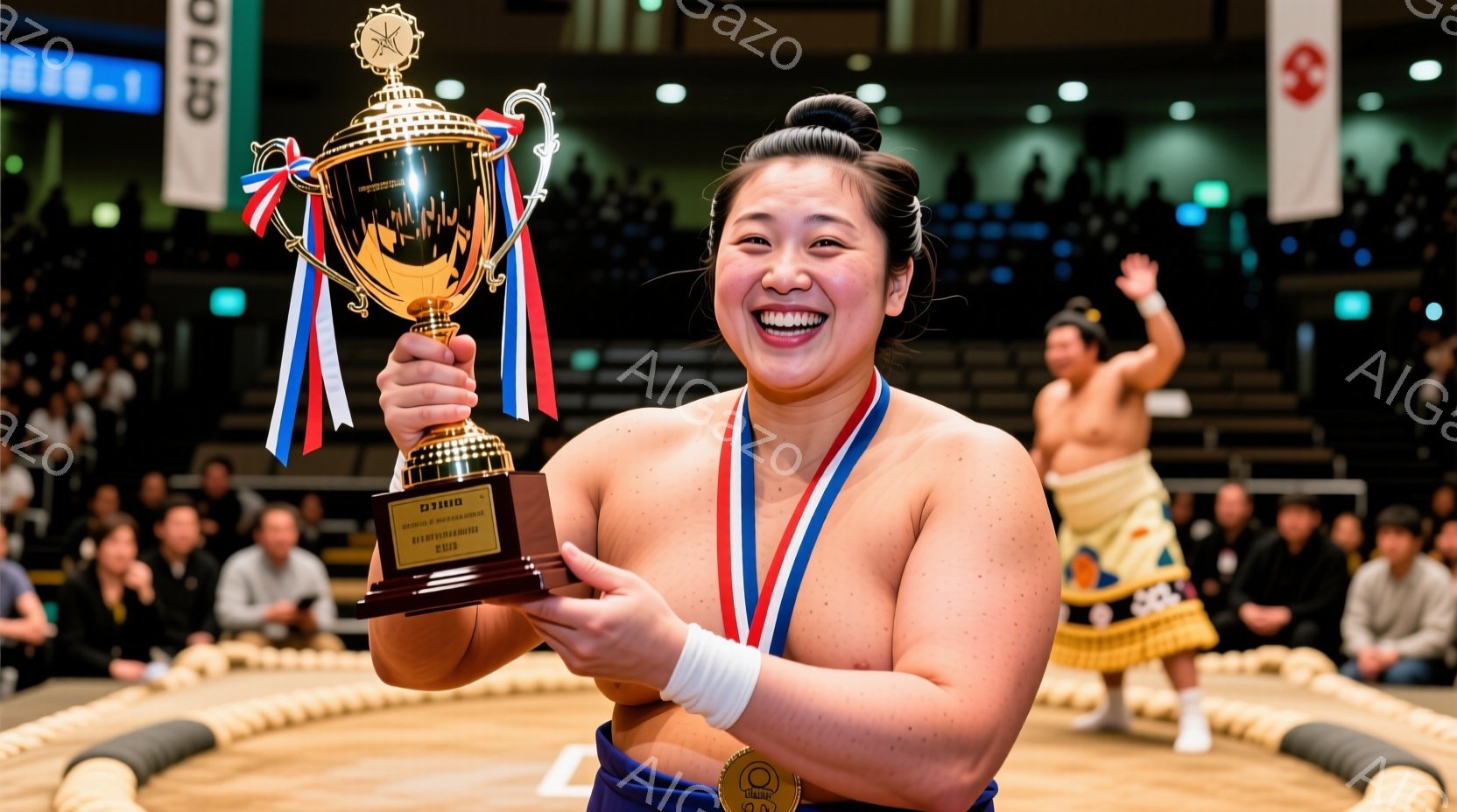 力士が土俵上で優勝カップを高く掲げ、満面の笑みを浮かべている。彼はまわしと白い鉢巻を身につけ、髪は後ろで束ねられている。背景には観客席が見え、土俵の周りには観客が座っている。