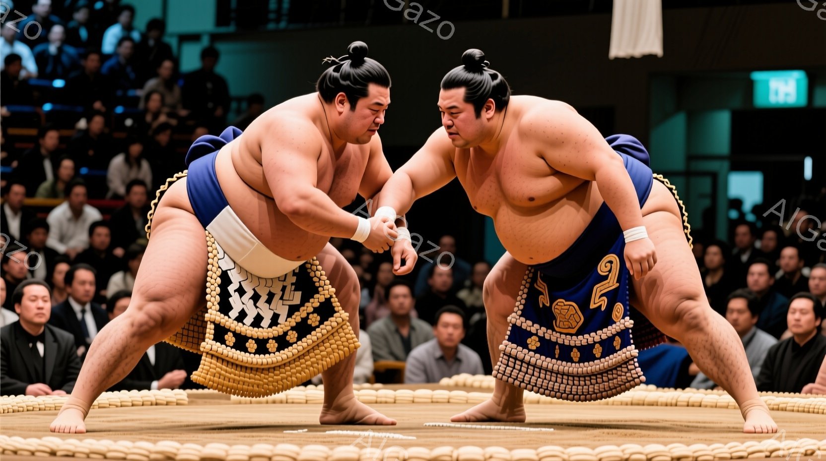 力士二人が土俵上で向かい合っている。彼らはまわしと呼ばれる伝統的な帯を締め、髪は丁髷（ちょんmage）に結われている。土俵の周りには観客が座っており、緊張感と興奮に満ちた雰囲気が漂っている。