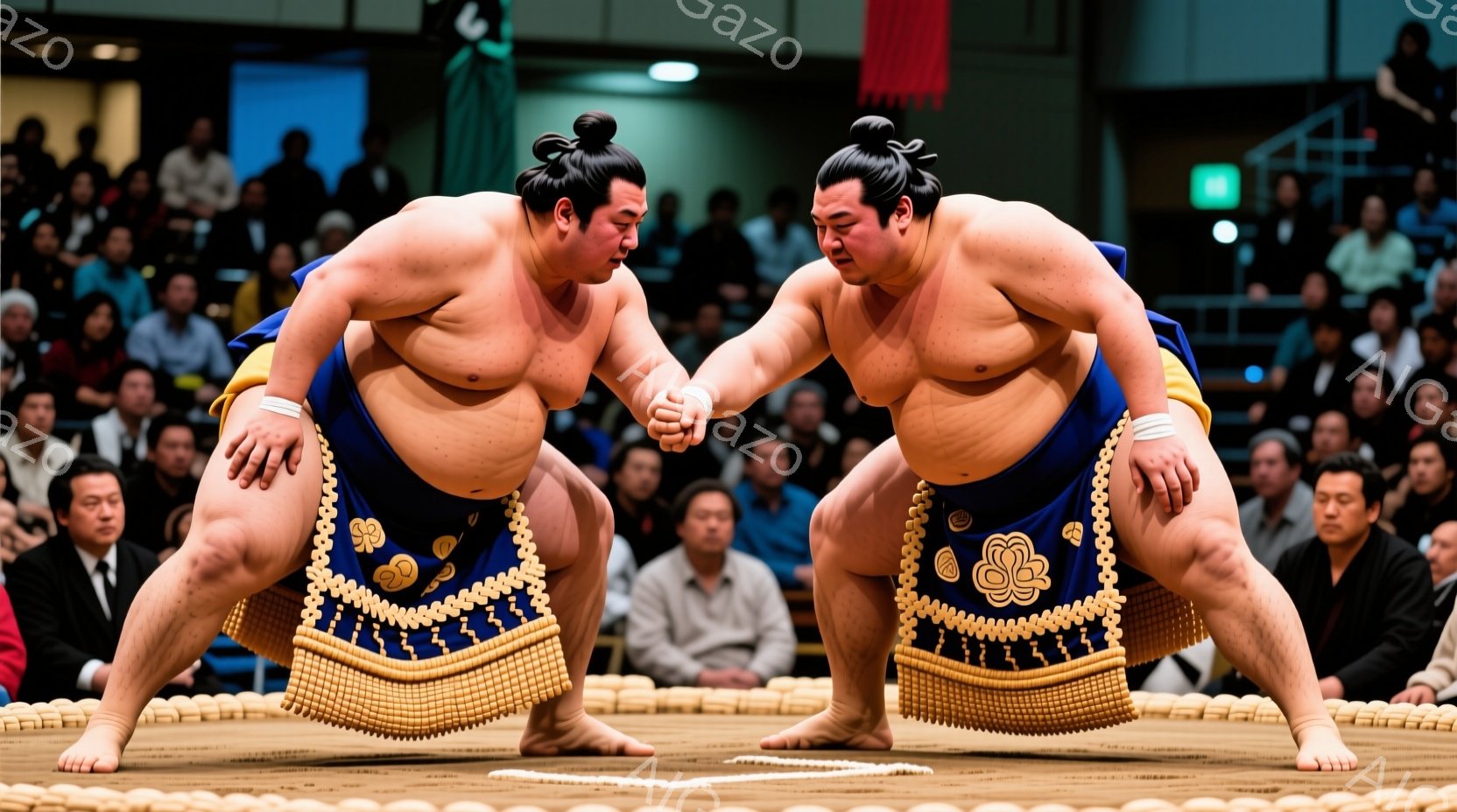 幕内力士二人が土俵上で向かい合い、組み合いの準備をしている様子が写っている。力士たちは、締め込みと呼ばれる伝統的な衣装を身につけ、特徴的なちょんまげの髪型で、厳しい表情で対峙している。背景には、多くの - AI生成フリー素材