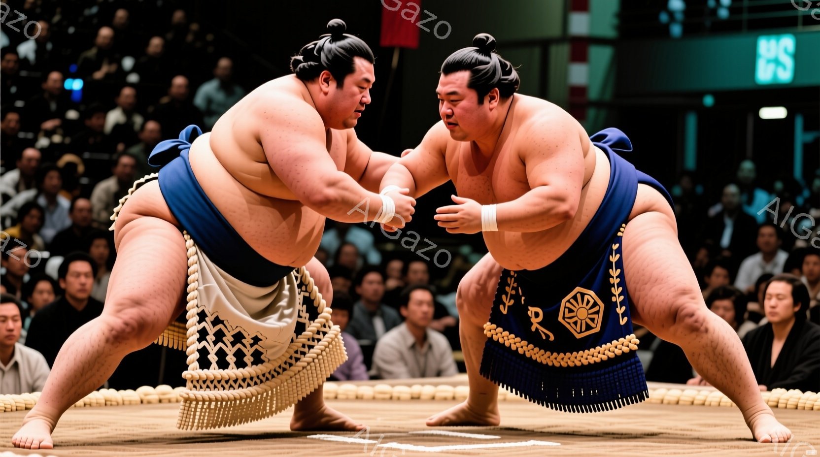 力士二人組が土俵上で向かい合っている。彼らは締め込みと呼ばれる伝統的な下着を身につけ、特徴的な丁髷（ちょんまげ）の髪型をしている。力強い表情で相手を見据え、決定的瞬間を迎えようとしている構えである。