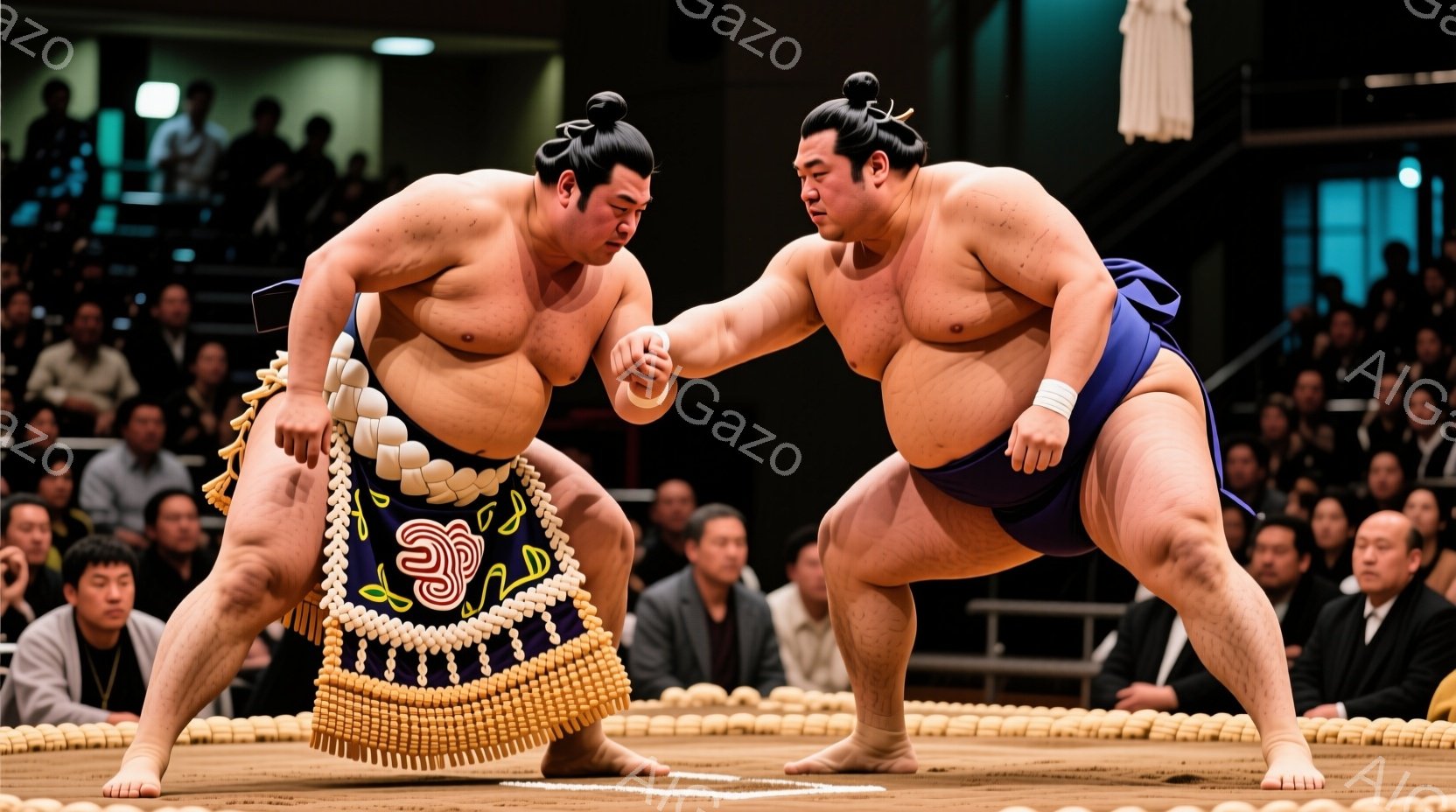 力士二人が土俵上で向かい合っており、決定的瞬間を捉えた構図となっている。それぞれ廻しと呼ばれる締め付け布を身につけ、髪は伝統的なちょんまげに結われている。背景には観客席が広がり、競技の緊張感と熱気を伝 - AI生成フリー素材