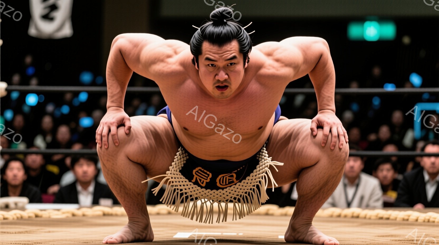力士が土俵上で構えを取っている。彼は白い締め込み（まわし）を身につけ、胸には黒い文字が書かれた飾り紐が結ばれている。力強く険しい表情で、両手を床につき、次の動作に備えている。