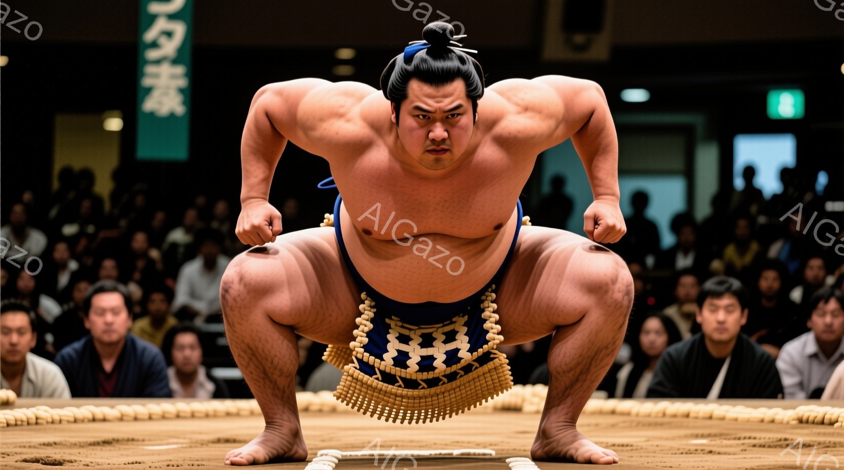 力士が土俵上で決まりの構えをとっています。彼は白い廻（まわし）に青い帯を締め、特徴的なちょんまげの髪型をしています。土俵の周りには観客が座っており、緊張感と興奮に満ちた雰囲気です。