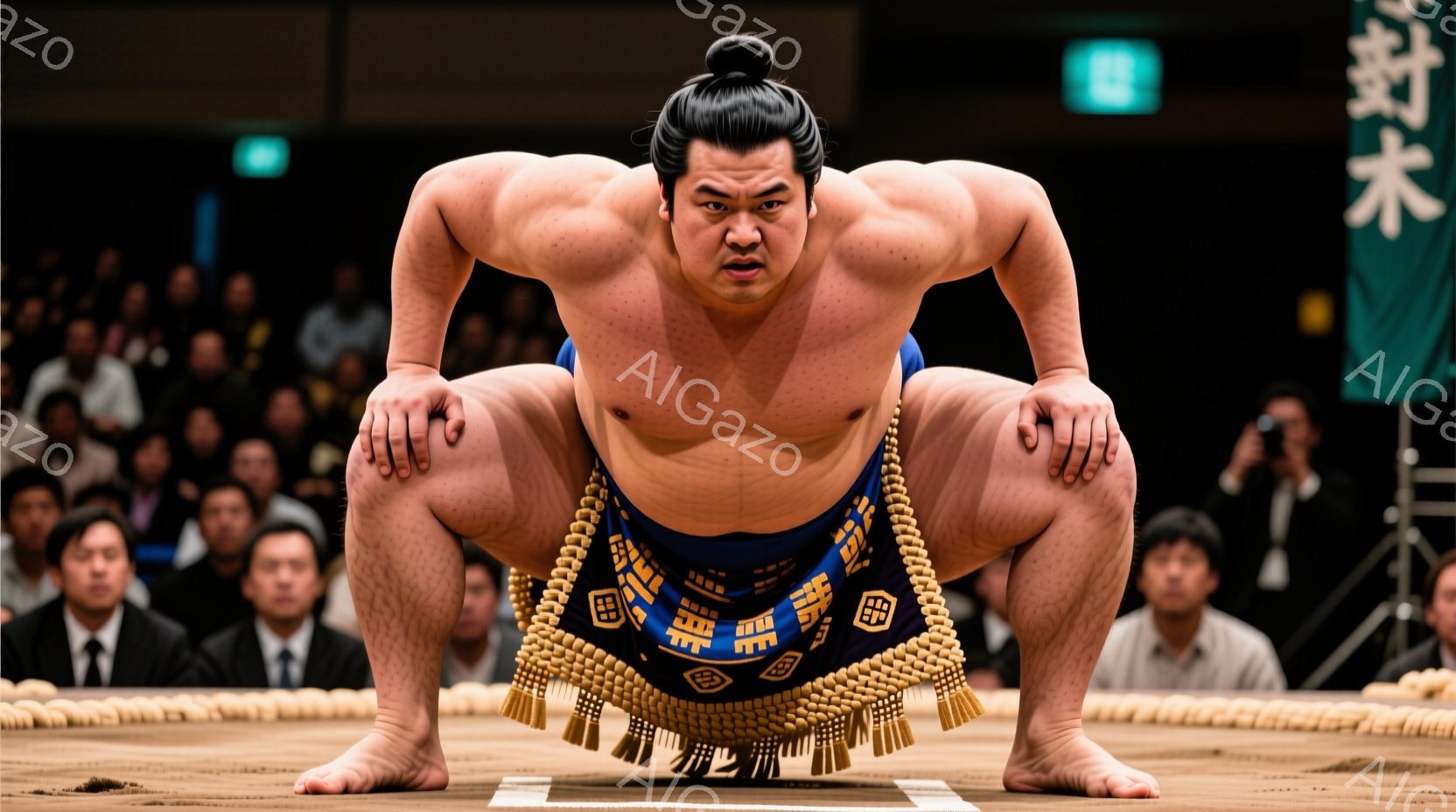 屈強な力士が土俵上で踞っており、締め込みと呼ばれる青色の腰布に、胸元には白色の襷（たすき）を巻いている。厳しい表情で視線を合わせ、筋肉質な肉体を誇示しており、両手は土俵に付き、臨戦態勢に入っている。背 - AI生成フリー素材